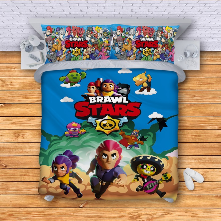 Lenjerie de pat 3DG-Textile, Model Brawl Stars, 150 x 210 cm, 3 Piese, Multicolor