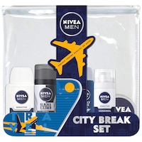 Set Calatorie Nivea Men: Gel de dus Protect & Care, 50 ml + Balsam dupa ras Sensitive, 30 ml + Deodorant spray Invisible Black & White Power, 35 ml + Gel de ras Sensitive, 30 ml + Crema de fata si corp, 30 ml