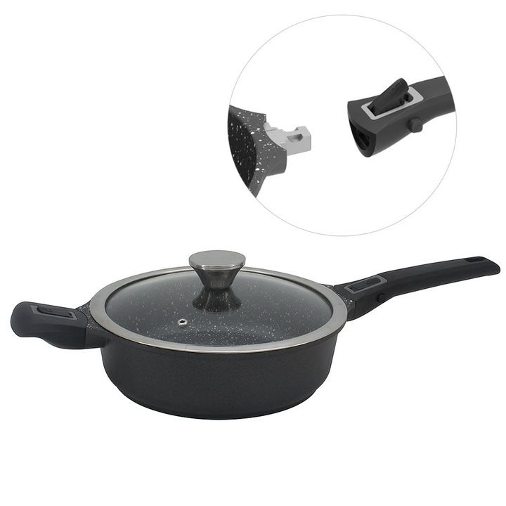 Дълбок тиган с капак и махаща се дръжка zp 4317 28nc, 28см, мраморно покритие, индукция, черен