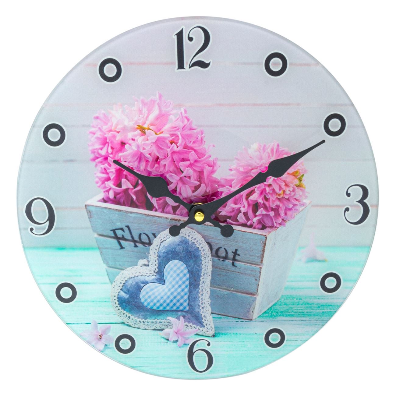 Ceas de perete, din sticla, cu flori, fara rama, multicolor, 30 cm