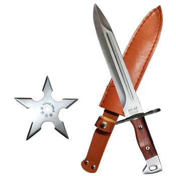 Set Cutit tip baioneta, 34 cm , teaca inclusa din piele ecologica maro, camping+Stea Ninja, aruncat la tinta cu 5 colturi, samurai, silver, husa inclusa Set Cutit tip baioneta, 34 cm , teaca inclusa din piele ecologica maro, camping+Stea Ninja, aruncat la tinta cu 5 colturi, samurai, silver, husa inclusa