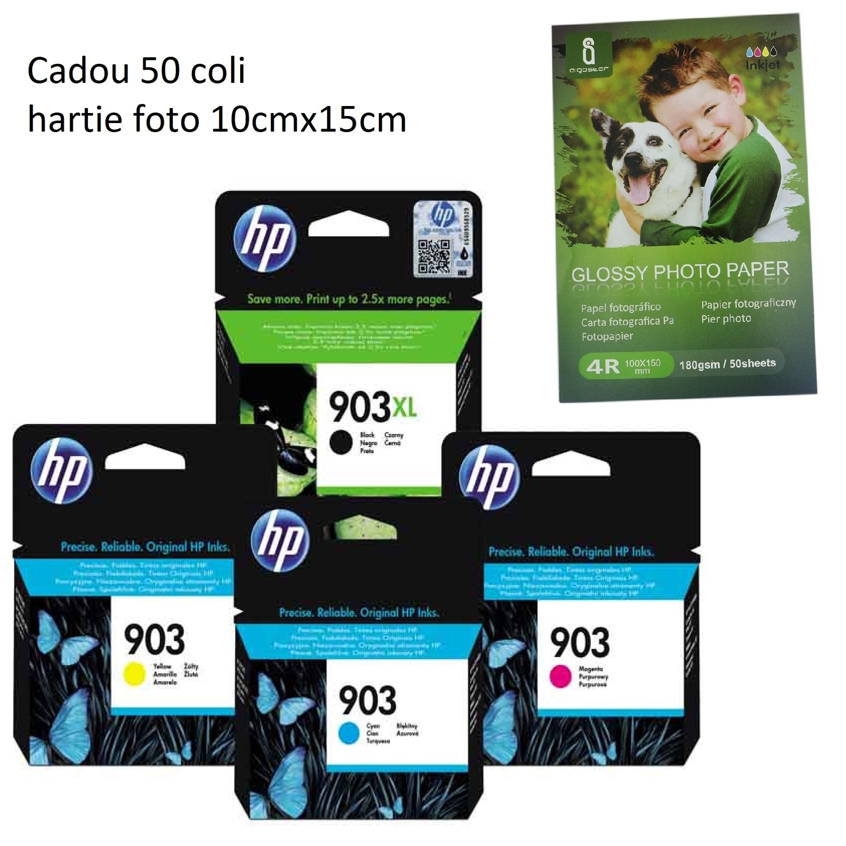 Set 4 buc cartus cerneala, HP, OEM 903XL/903 HP Black-XL/Cyan/Magenta/Yelow HP OfficeJet 6975, OfficeJet 6868, OfficeJet Pro 6960, OfficeJet Pro 6860, 6970, 6978, 6950, 6968,6900 plus 50 coli hartie foto glossy cadou