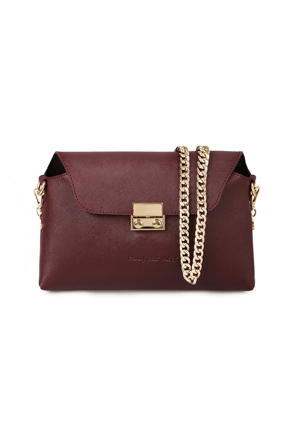 Beverly Hills Polo Club, Geanta din piele ecologica saffiano, cu bareta din lant, pentru umar, Rosu Bordeaux