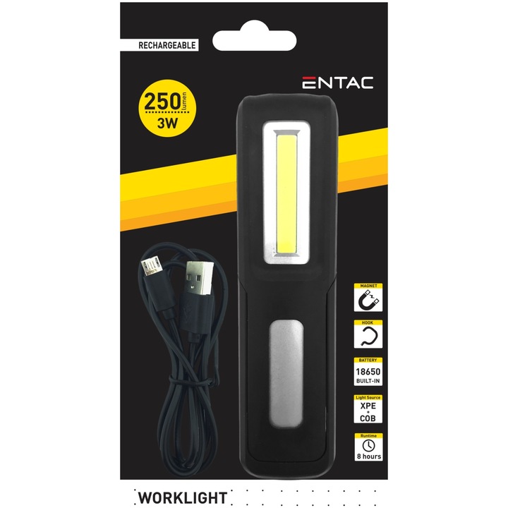 Entac Worklight 1W COB + 3W XPE Újratölthető Zseblámpa, Akkumulátorral, Mágneses