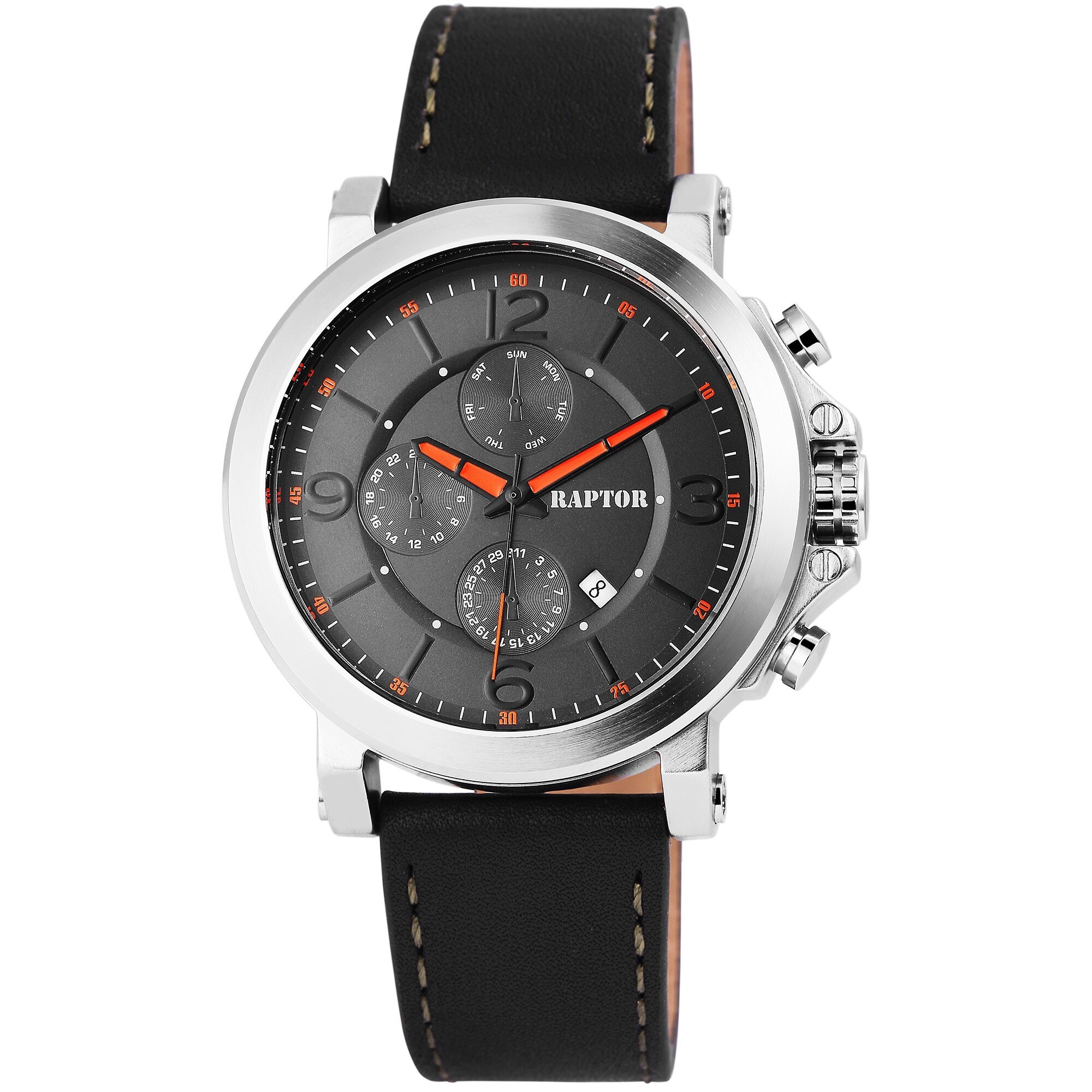 Ceas barbatesc, Raptor, aparenta chrono, carcasa argintie, cadran negru, data, curea neagra, 48mm