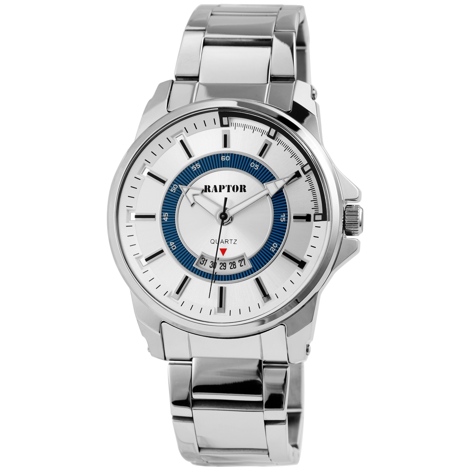 Ceas barbatesc, Raptor, cadran argintiu cu bleu, data, carcasa si bratara inox argintie