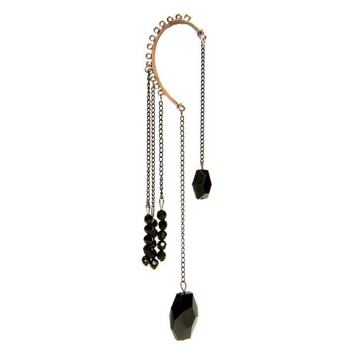 Cercel Ear cuff lung, cu cristale negre, tip candelabru, Auriu, Urechea stanga sau dreapta