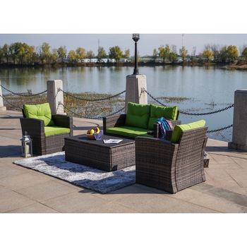 Set mobilier gradina/terasa Kring Summer Bali, canapea + 2 fotolii + masuta depozitare, aspect ratan maro, perne verzi Set mobilier gradina/terasa Kring Summer Bali, canapea + 2 fotolii + masuta depozitare, aspect ratan maro, perne verzi