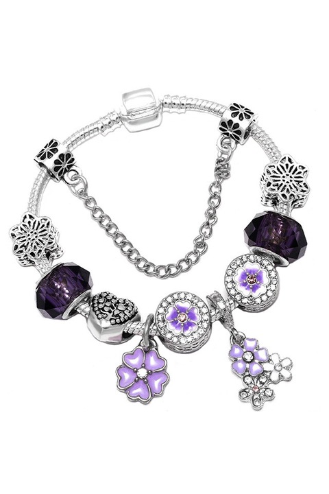 Bratara cu charmuri placata cu argint, copac cu inimioare, flori si cristale fatetate