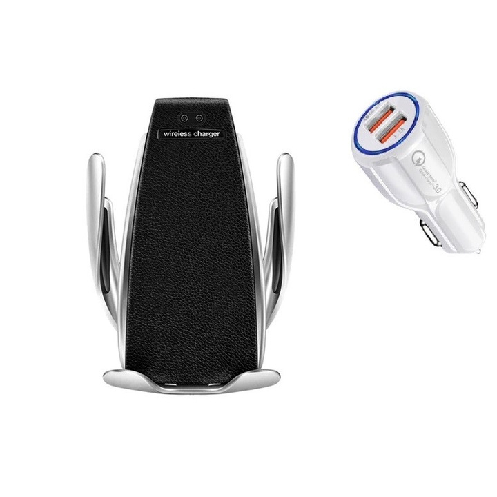 Suport telefon cu incarcare wireless OEM, Fast Charge QI automatic S5 Universal+Adaptor auto alb