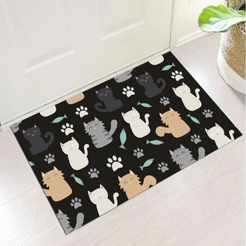 Covor Intrare Impermeabil Pres PVC Art Factory Pisici si pestisori fundal negru, 50 x 70 cm Covor Intrare Impermeabil Pres PVC Art Factory Pisici si pestisori fundal negru, 50 x 70 cm