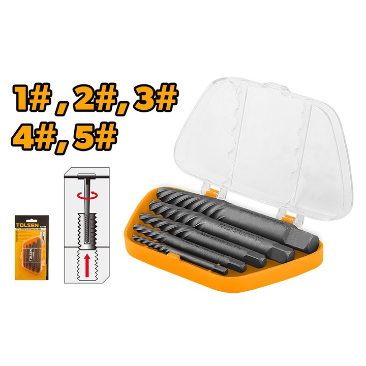 Set 5 extractoare suruburi TOLSEN, dimensiuni: #1, #2, #3, #4, #5, otel aliat calitate industriala, finisaj negru, pentru suruburi blocate sau deteriorate
