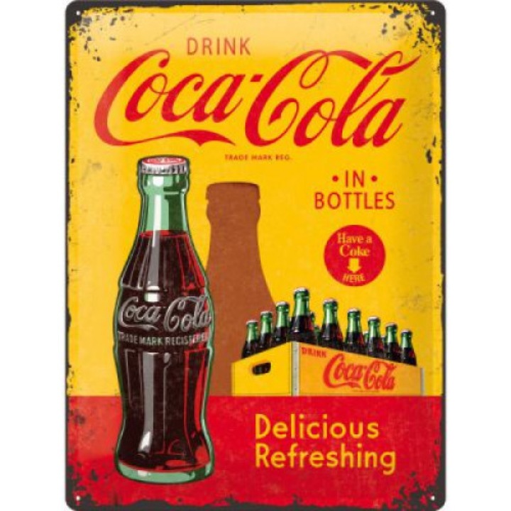 Fémtábla Nosztalgia Művészet Coca-Cola Üvegek, Sárga, 30x40 cm