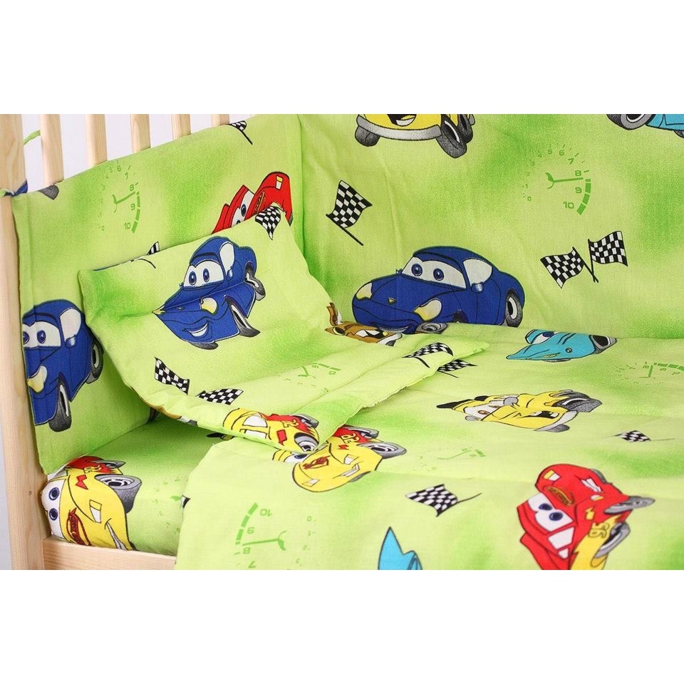 Lenjerie patut bumbac masinute verde, 5 piese