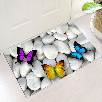 Covor Intrare Impermeabil Pres PVC Art Factory Fluturi colorati pe pietre albe, 50 x 70 cm Covor Intrare Impermeabil Pres PVC Art Factory Fluturi colorati pe pietre albe, 50 x 70 cm