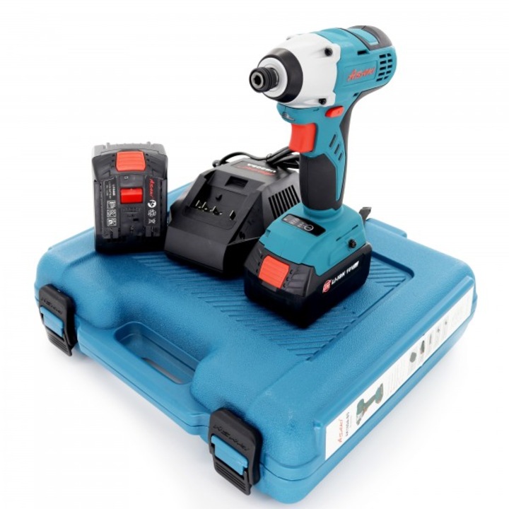 Masina insurubat (bormasina) cu Impact, Asaki Professional, 18V, 2 Acumulatori Li-ion, 3A, 3 Trepte de Viteza, AK18DA-BS, Cutie plastic