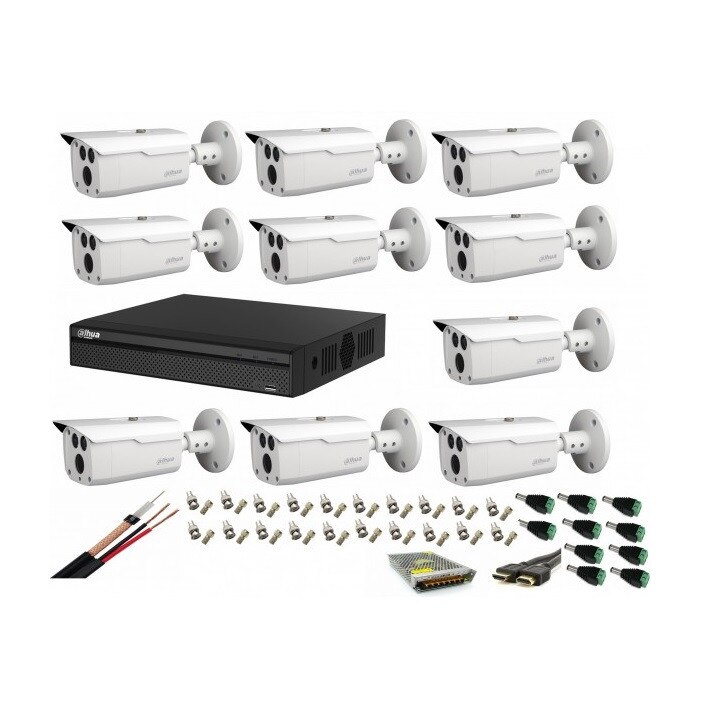 Sistem supraveghere video profesional cu 10 camere Dahua 2MP HDCVI IR 80m ,full accesorii , cablu coaxial ,live internet
