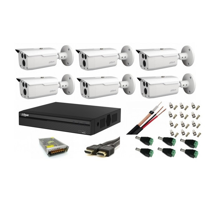 Kit supraveghere video exterior cu 6 camere Dahua 2MP HDCVI IR 80m, full accesorii, soft vizualizare internet gratuit