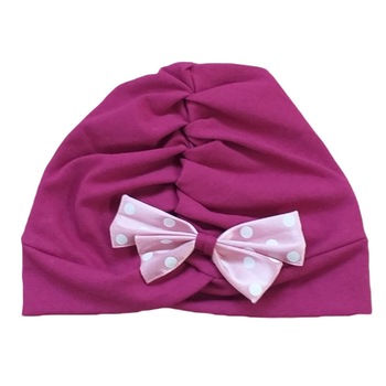 Turban Mic Pitic T73NN decorat cu funda rose din saten cu buline albe, Grena Turban Mic Pitic T73NN decorat cu funda rose din saten cu buline albe, Grena