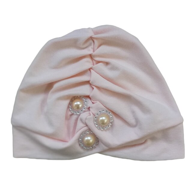 Turban botez Mic Pitic T69NN din tricot decorat cu trei perle si strassuri, 