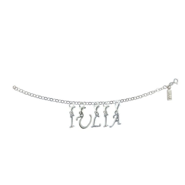 Személyre szabott ezüst karkötő, IULIA név, ezüst betűs medál, állítható karabiner, GIOTTO815 Dras