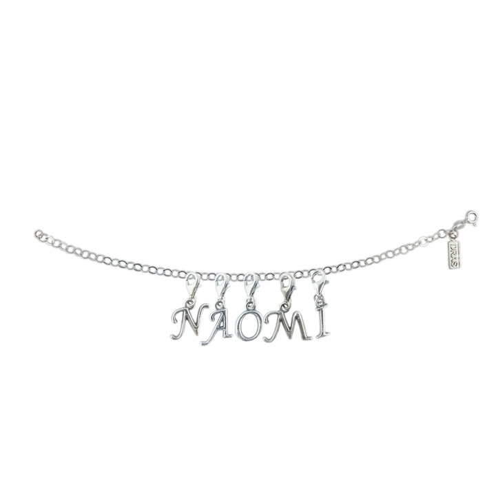 Személyre szabott ezüst karkötő Naomi nevű ezüst betűs medálok állítható karabiner GIOTTO885 Dras
