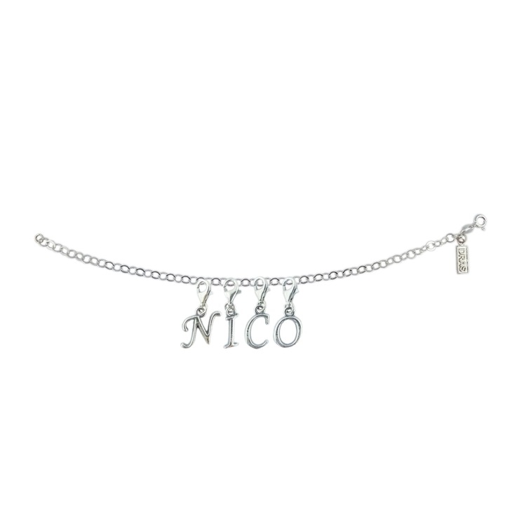 Személyre szabott ezüst karkötő Nico nevű ezüst betűs medálok állítható karabiner GIOTTO720 Dras