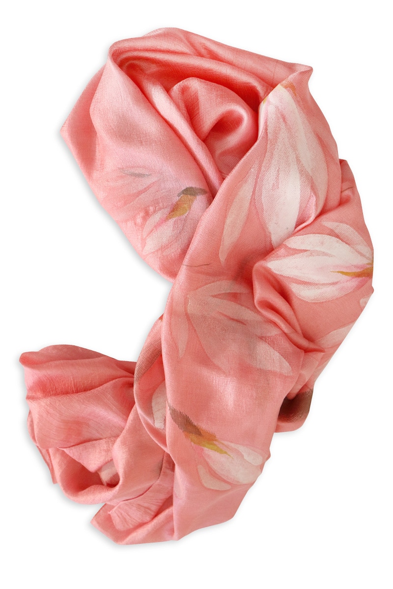 Esarfa din matase naturala roz, cu flori de magnolie pictata manual - UNICAT