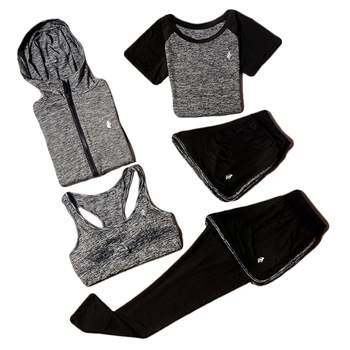 Set 5 piese sport pentru femei, trening gri cu negru, marimea S Set 5 piese sport pentru femei, trening gri cu negru, marimea S