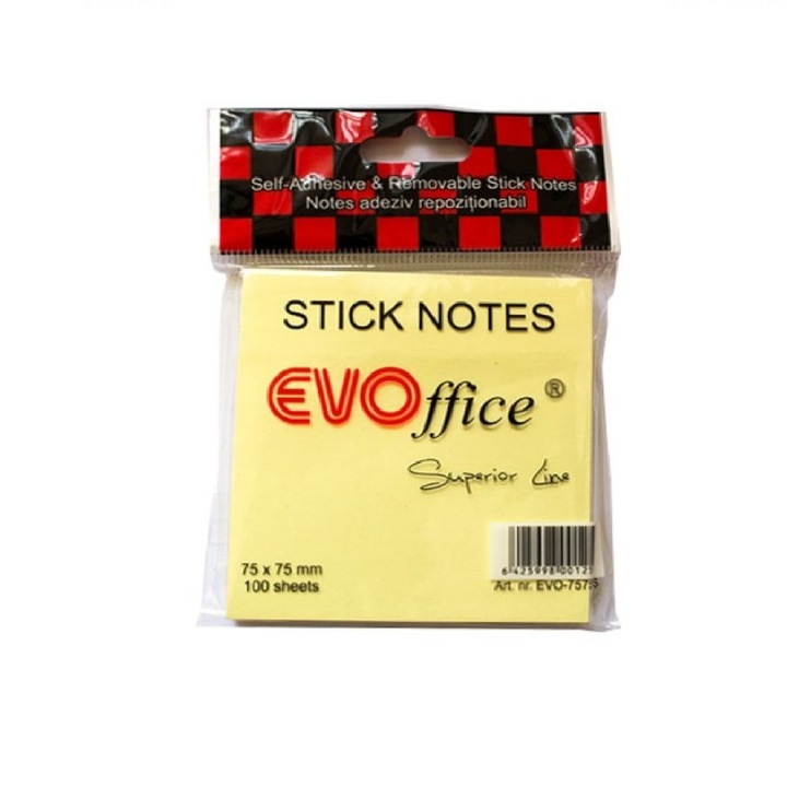 Notite Adezive EVOffice, Dimensiunea 75x75 mm, Culoare Galben Pastel, 100 File, Ideale pentru Mesaje si Memento-uri