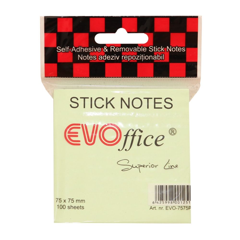 Notite Adezive EVOffice, Dimensiunea 75x75 mm, Culoare Verde Pastel, 100 File, Ideale pentru Mesaje si Memento-uri