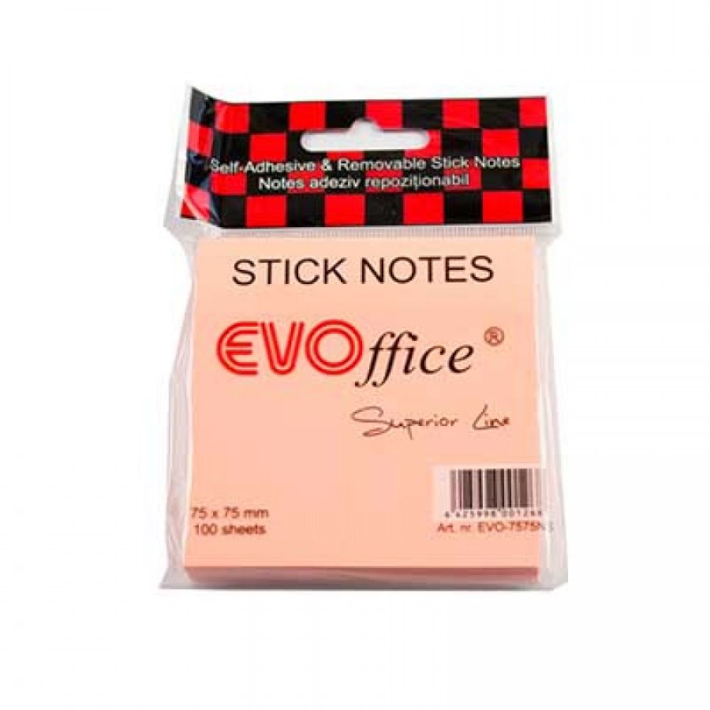 Notite Adezive EVOffice, Dimensiunea 75x75 mm, Culoare Roz Neon, 100 File, Ideale pentru Mesaje si Memento-uri