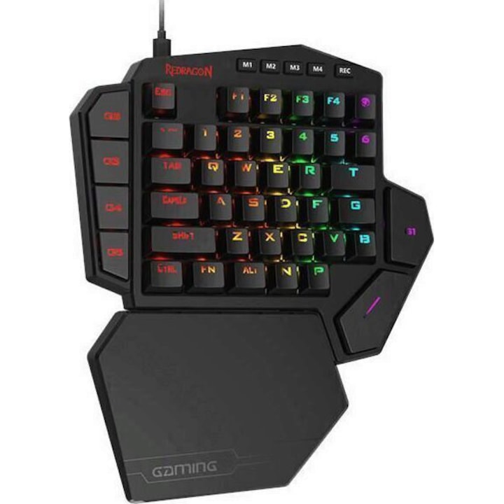 Tastatura gaming mecanica One-hand Redragon Diti, iluminare RGB, Negru