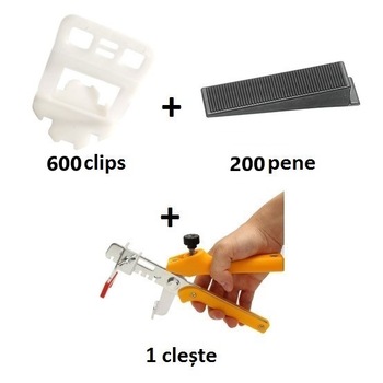 Pachet sistem nivelare gresie EXPERT 6 - 600 clips 1 mm, 200 pene, 1 cleste metalic Pachet sistem nivelare gresie EXPERT 6 - 600 clips 1 mm, 200 pene, 1 cleste metalic