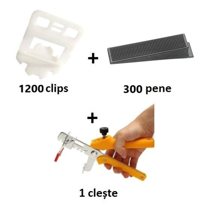 Pachet sistem nivelare gresie EXPERT 12 - 1200 clips 2 mm, 300 pene, 1 cleste metalic