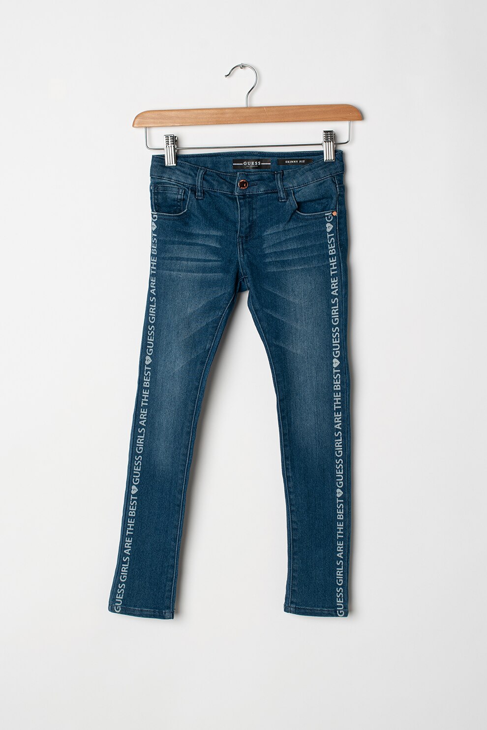 GUESS JEANS, Blugi skinny cu vipusca cu text, Albastru inchis