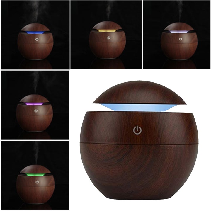 Difuzor si umidificator ultrasonic aromaterapie KristaSS, cu lumina LED, Wenge, 9.5 cm