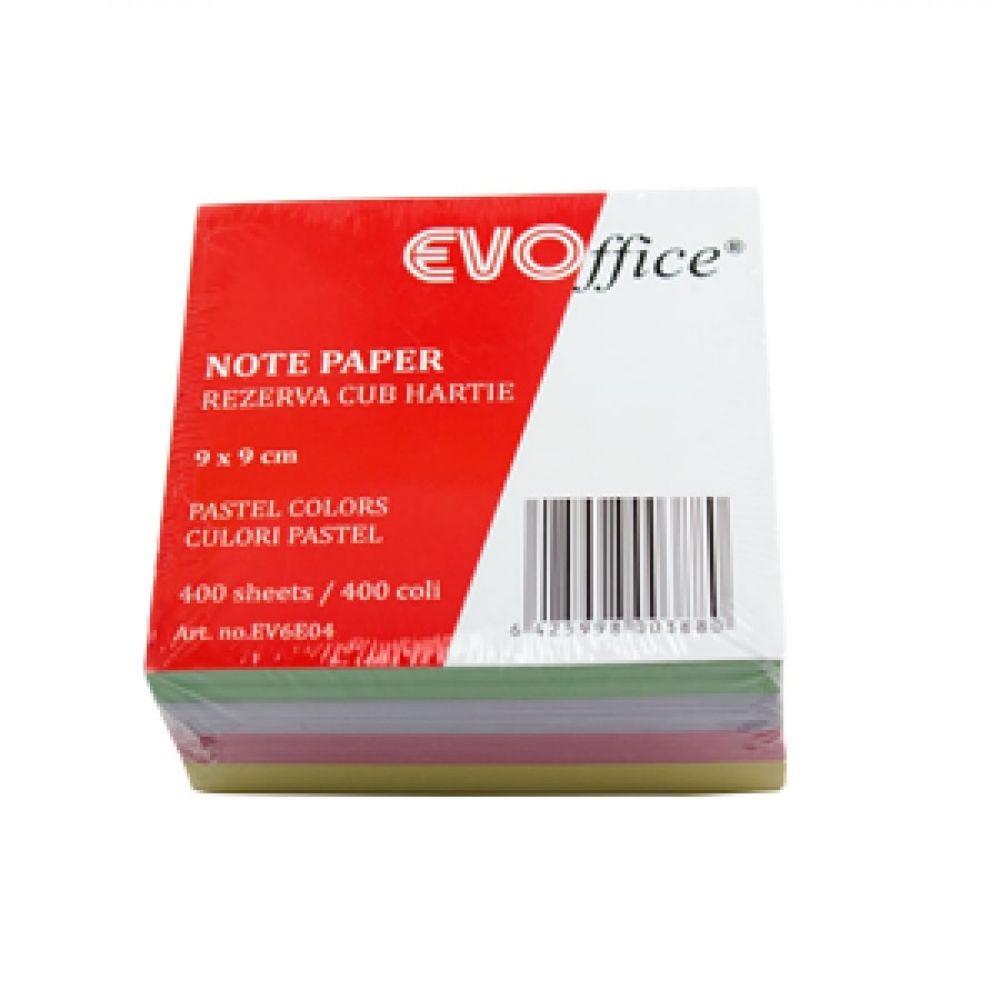 Rezerva Cub Hartie Color EVOffice, Dimensiune 9x9 cm, 80g/m², 360 File/Set, 4 Culori Pastel