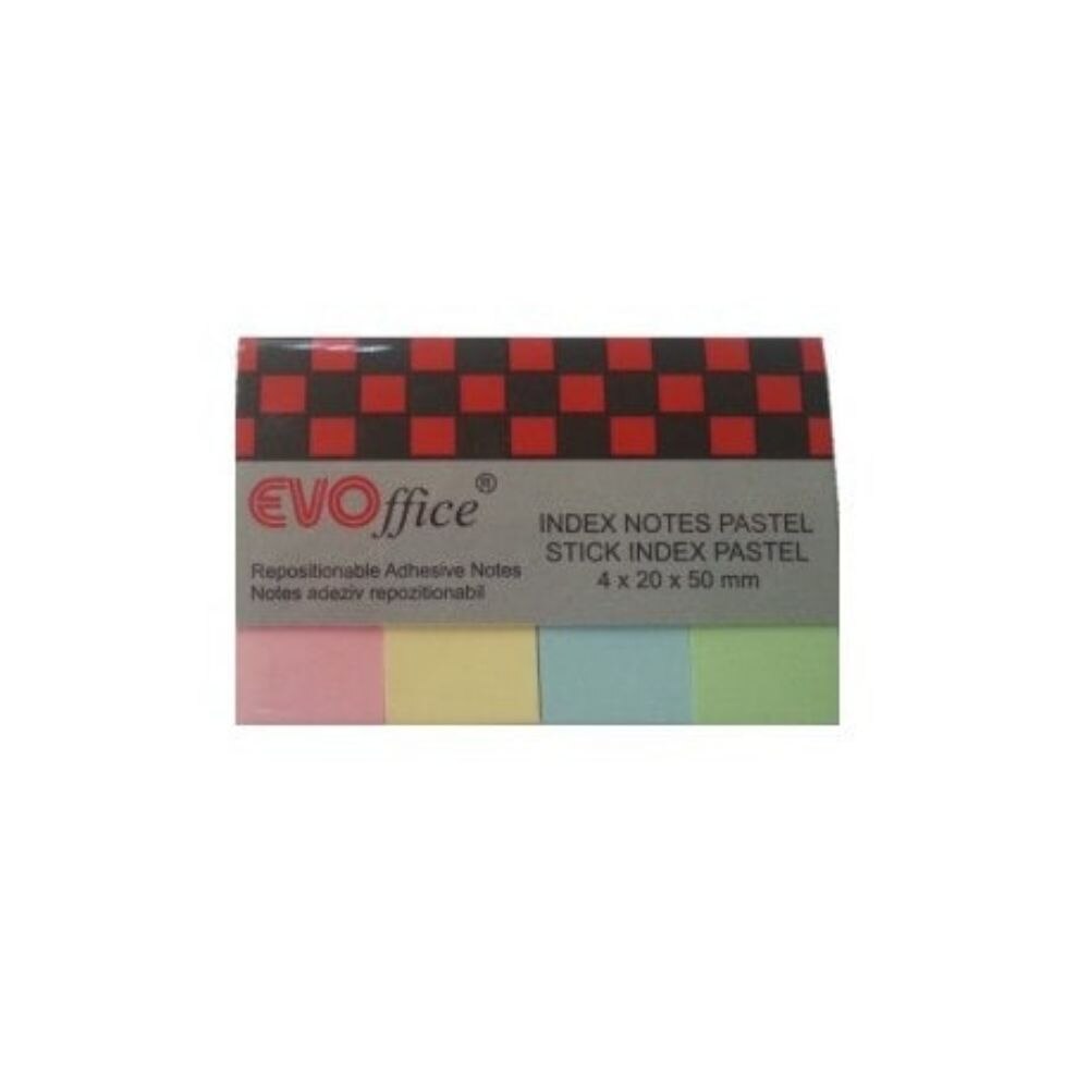 Stick Index Hartie Color EVOffice, Dimensiune 20x50 mm, 4 Culori Pastel x 50 File pe Suport din Carton