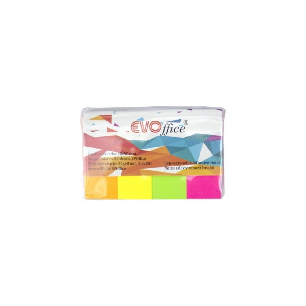 Stick Index Hartie Color EVOffice, Dimensiune 20x50 mm, 4 Culori Neon x 50 File pe Suport din Carton