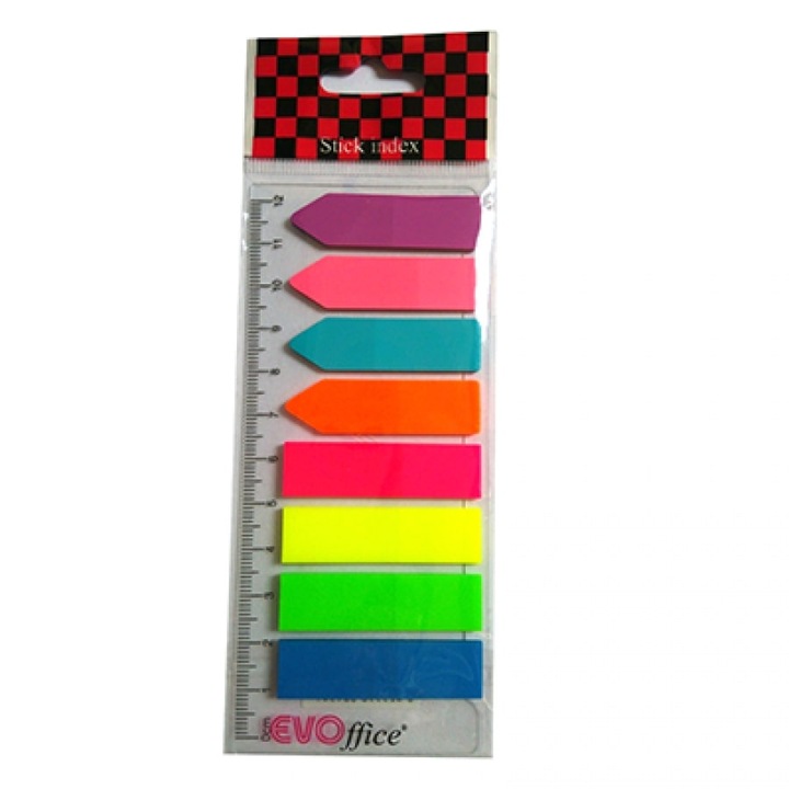 Stick Index Plastic Color EVOffice cu Rigla, Forma Steag si Sageata, Dimensiune 44x12.7 mm, 8 Culori Neon x 25 File
