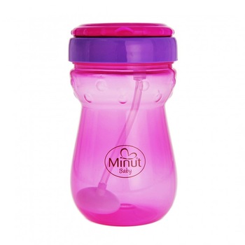 Cana anticurgere Minut Baby cu pai mobil, 360 ml, 6+, roz Cana anticurgere Minut Baby cu pai mobil, 360 ml, 6+, roz