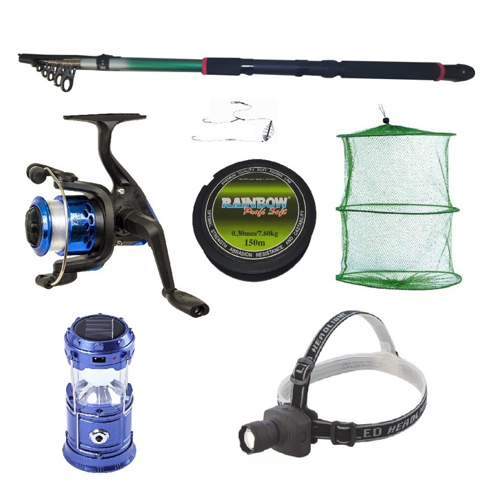 Set pescuit sportiv cu lanseta 2.4 m, mulineta YF200 cu 5 rulmenti, felinar solar, lanterna frontala si accesorii