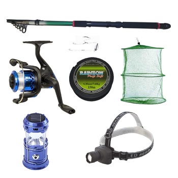 Set pescuit sportiv cu lanseta 2.4 m, mulineta YF200 cu 5 rulmenti, felinar solar, lanterna frontala si accesorii Set pescuit sportiv cu lanseta 2.4 m, mulineta YF200 cu 5 rulmenti, felinar solar, lanterna frontala si accesorii