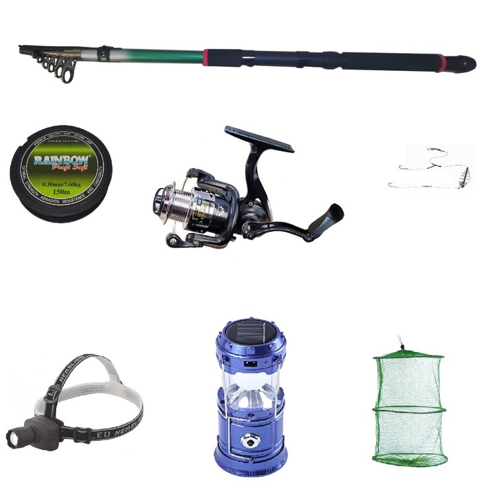 Pachet de pescuit cu lanseta eastshark 3.6 m, mulineta QFC1000 cu 5 rulmenti , felinar solar, lanterna frontala si accesorii