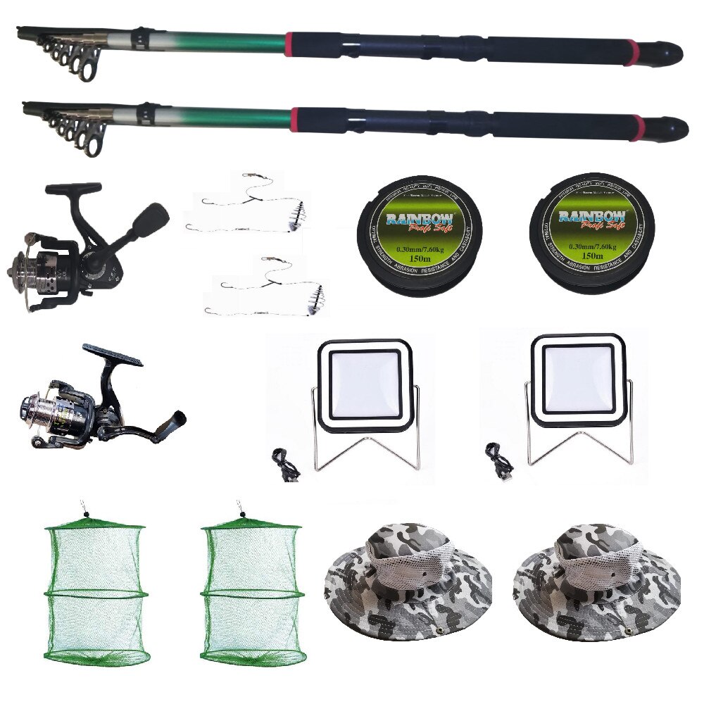 Set 2 lansete eastshark de 3m si 3,6m, mulineta QFC1000 si CFC1000, doua proiectoare si accesorii