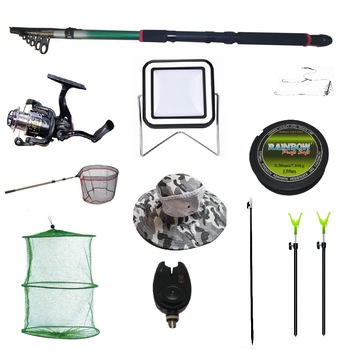 Set lanseta 2.4m pescuit sportiv, mulineta QFC1000, fir, montura, proiector solar, palarie, minciog, juvelnic, senzor si suport Set lanseta 2.4m pescuit sportiv, mulineta QFC1000, fir, montura, proiector solar, palarie, minciog, juvelnic, senzor si suport