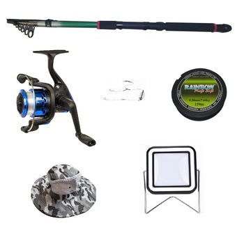 Pachet complet de pescuit de 3.6m pescuit sportiv, mulineta YF200, plastic solid, fir, montura, proiector solar si palarie Pachet complet de pescuit de 3.6m pescuit sportiv, mulineta YF200, plastic solid, fir, montura, proiector solar si palarie