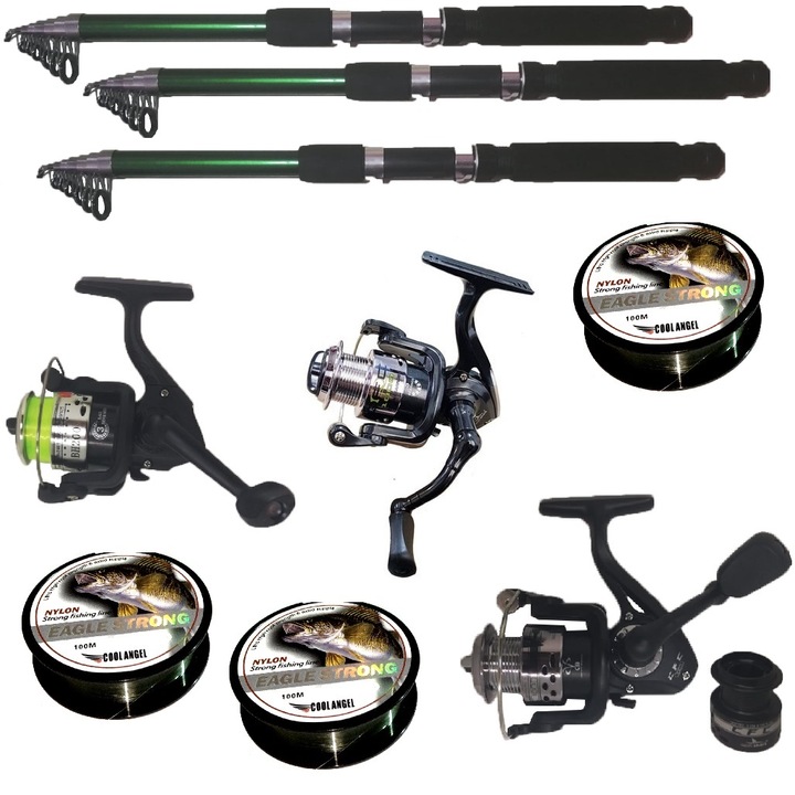 Set pescuit cu 3 lansete de 2,4m Cool Angel, trei mulinete si gute