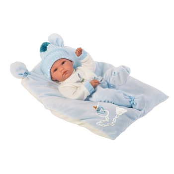Papusa Llorens, Bimbo, 35 cm, cu plapumioara albastra Papusa Llorens, Bimbo, 35 cm, cu plapumioara albastra